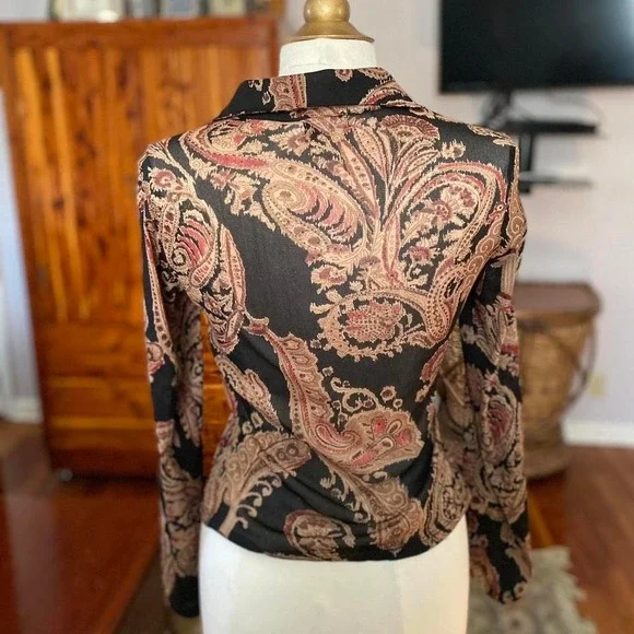 VINTAGE WET SEAL Y2K 90s Paisley Top Long Sleeve V-Neck Collared Black Brown S - Picture 4 of 6
